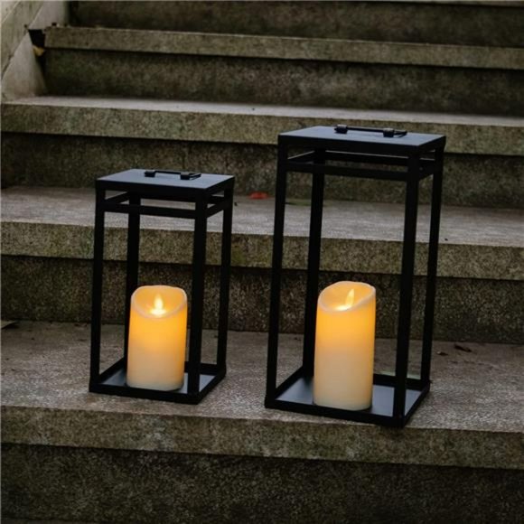 Black Metal Candle Lanterns Set of 2- w/ LED Flameless Candles- 15.8'' & 12.6'' - Picture 6 of 7